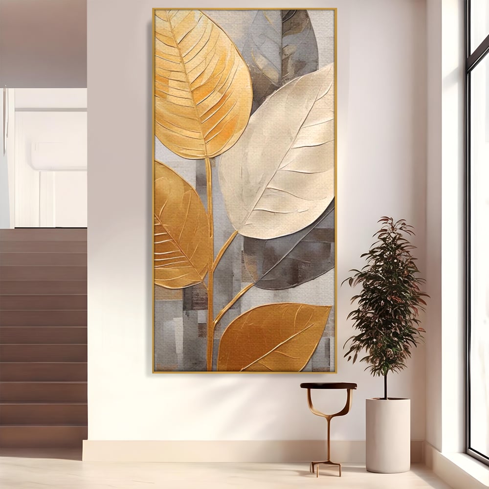 Tablou canvas cu tablou canvas cu frunze aurii texturate, in rama de aluminiu auriu